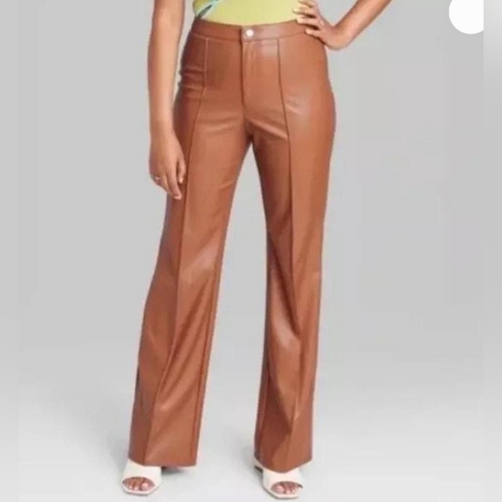 Wild Fable pants women's 10 brown PU leather flared wide leg 70s boho festival